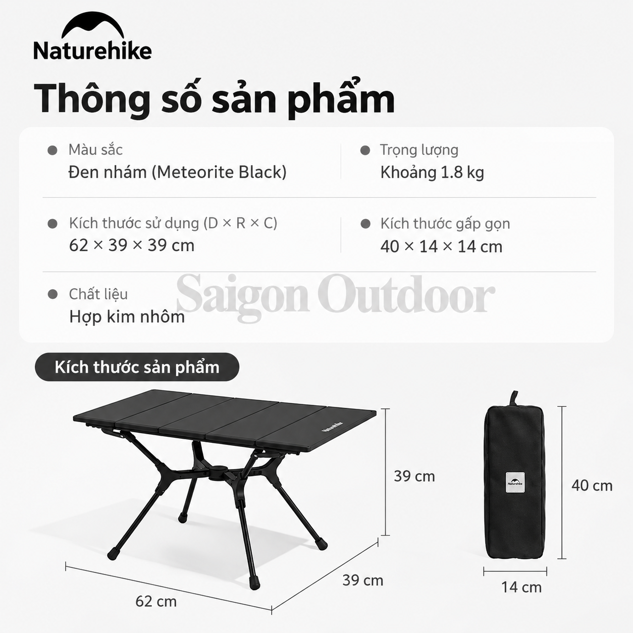 Bàn Gấp Dã Ngoại Naturehike YL01 – Hợp Kim Nhôm, Siêu Gọn Nhẹ, Khung Chữ X CNK2550JJ021