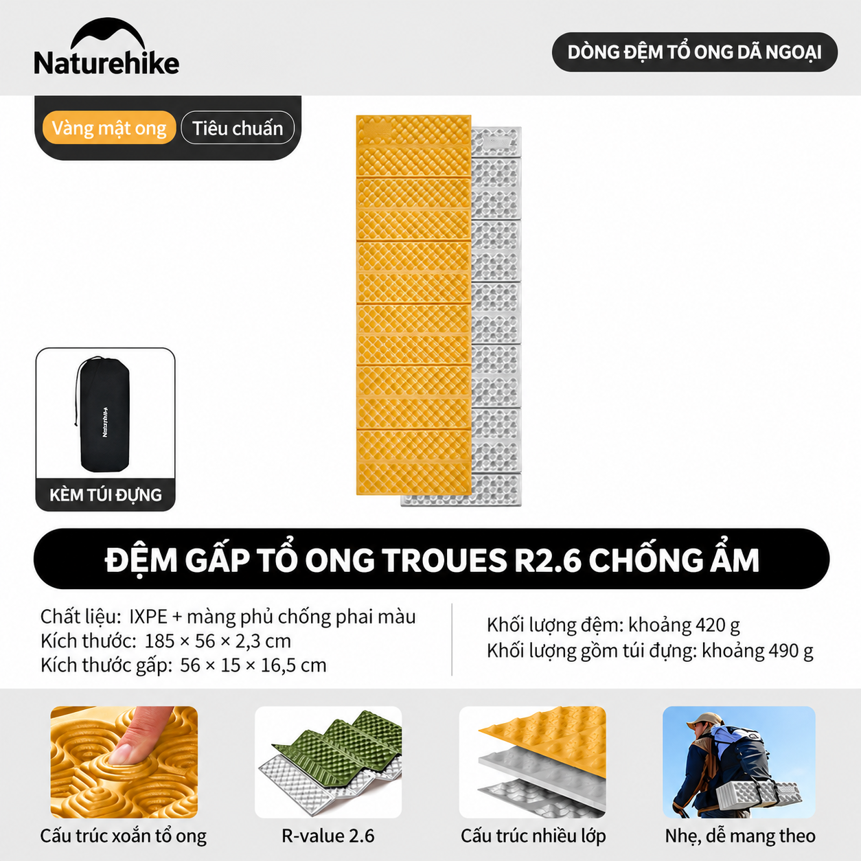 Đệm Tổ Ong Naturehike IXPE Phủ Nhôm – Cách Nhiệt, Gấp Gọn, Siêu Nhẹ CNK2650WS010