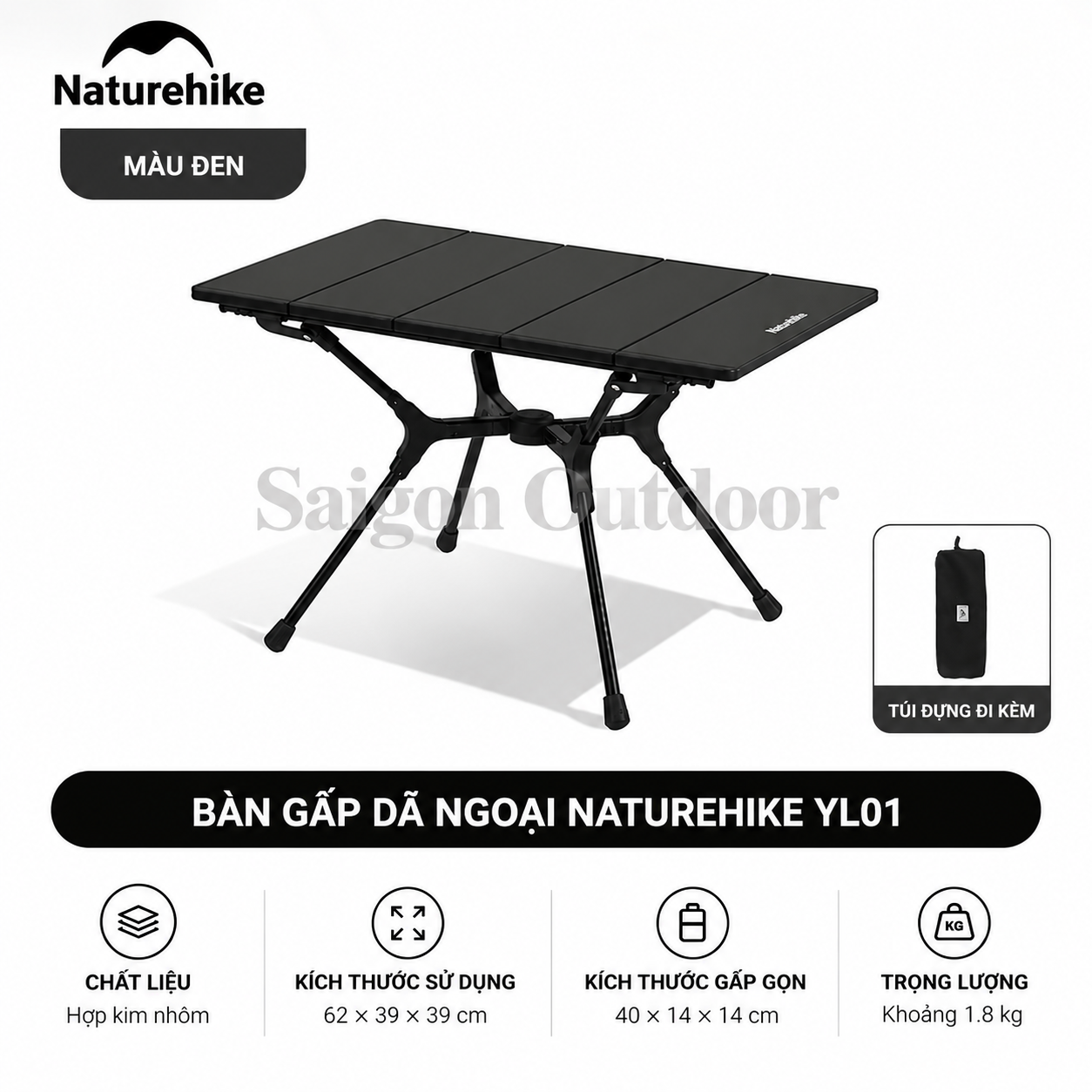 Bàn Gấp Dã Ngoại Naturehike YL01 – Hợp Kim Nhôm, Siêu Gọn Nhẹ, Khung Chữ X CNK2550JJ021