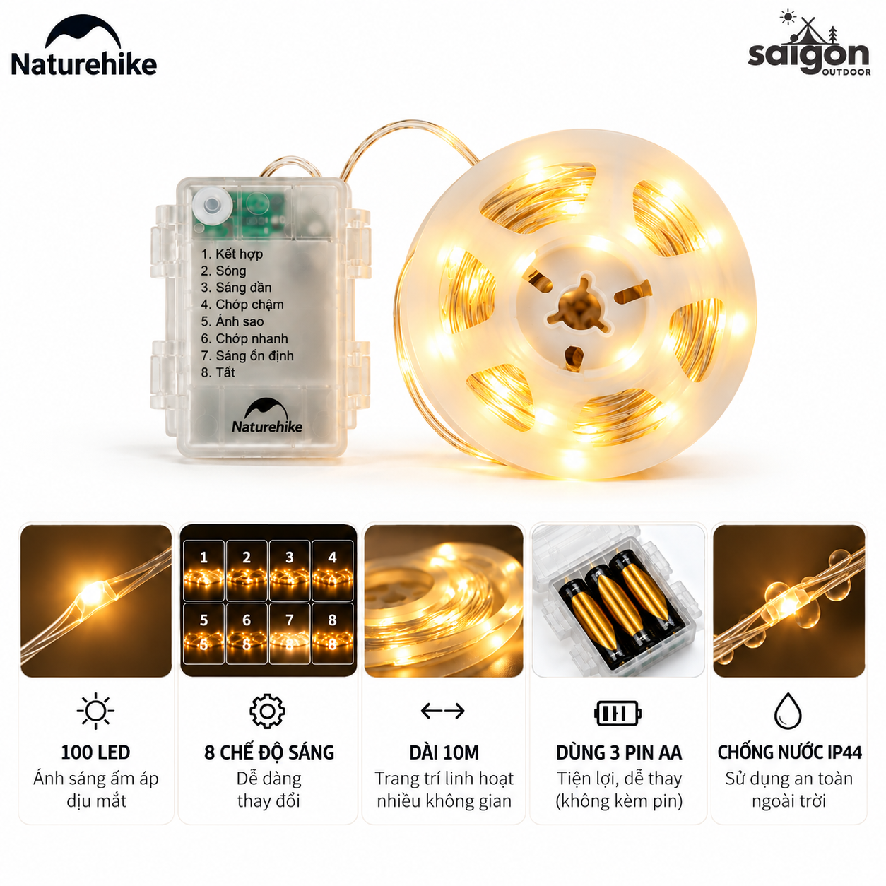 Đèn Dây Cắm Trại Naturehike 10M – 100 LED, 8 Chế Độ Sáng, Pin AAA, Chống Nước IP44 CNH22DQ019