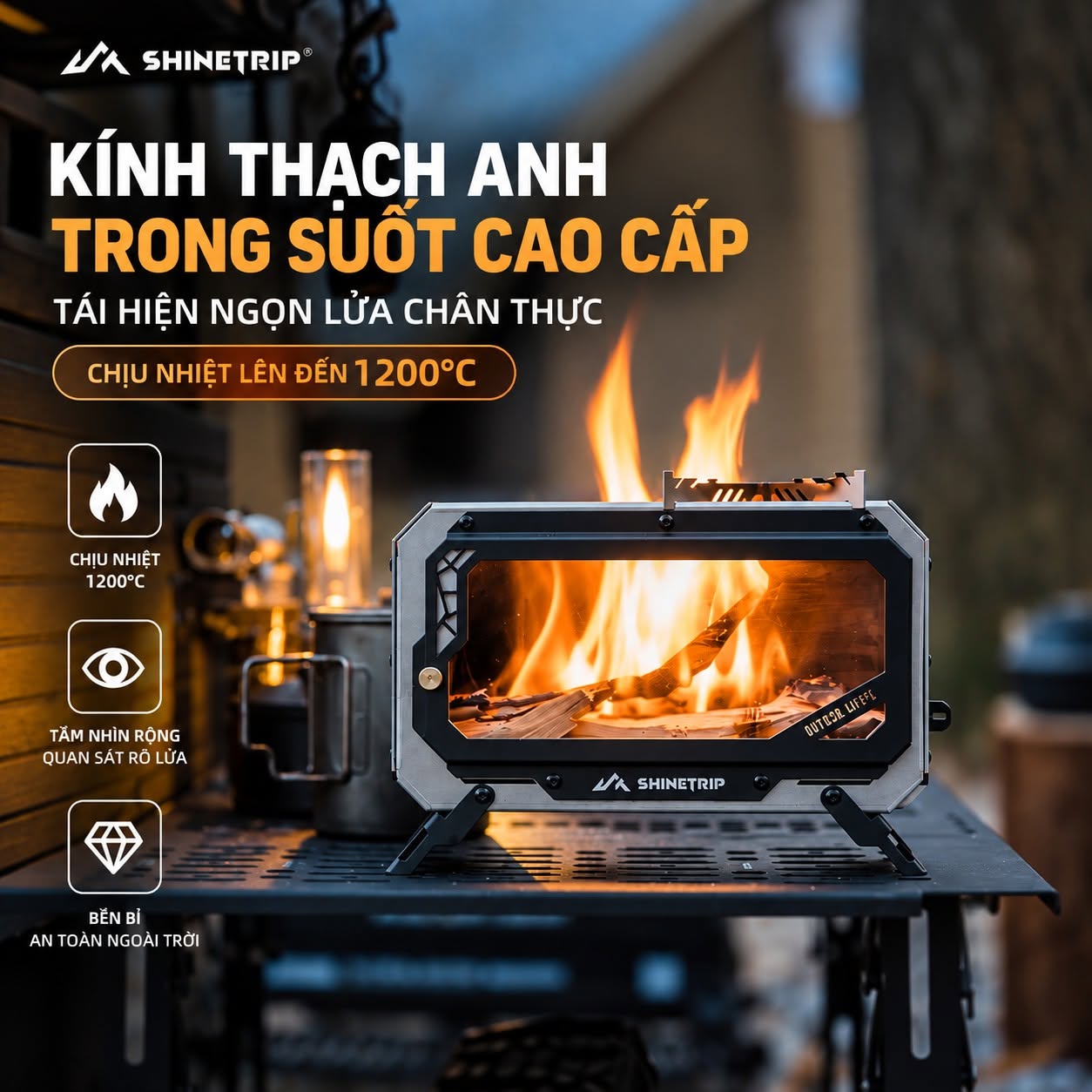 Bếp Lửa Dã Ngoại ShineTrip #05 Mini Fire Stove – Thép Không Gỉ 430, Kính Chịu Nhiệt 1200°C