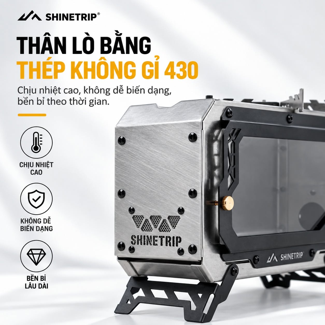 Bếp Lửa Dã Ngoại ShineTrip #05 Mini Fire Stove – Thép Không Gỉ 430, Kính Chịu Nhiệt 1200°C