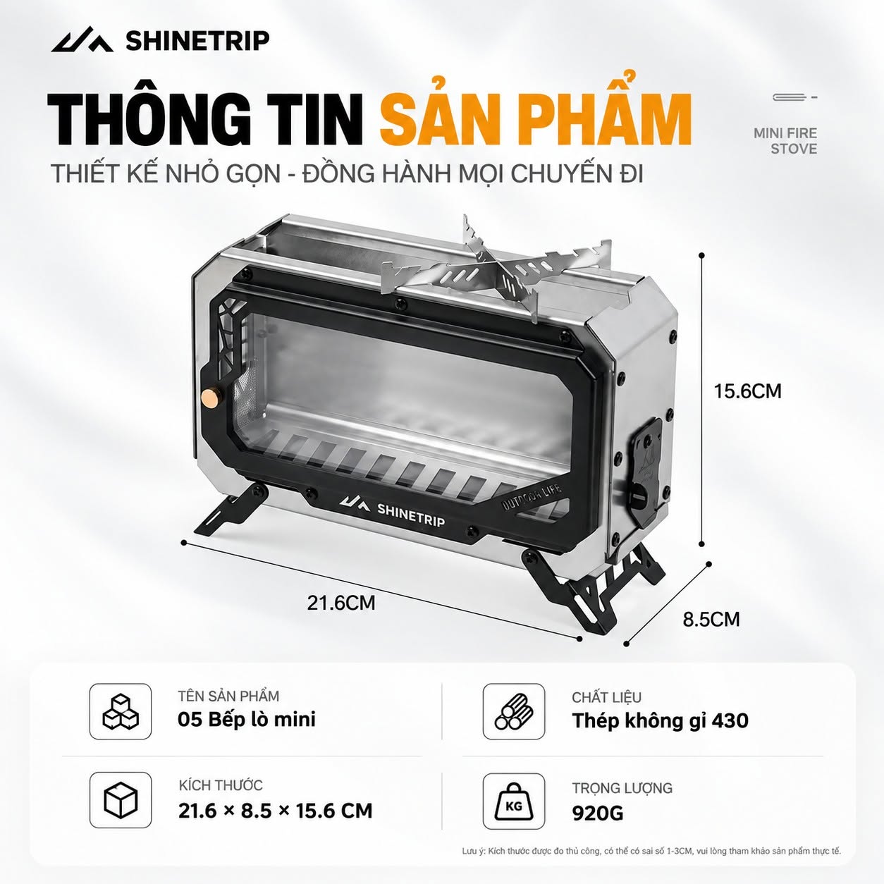 Bếp Lửa Dã Ngoại ShineTrip #05 Mini Fire Stove – Thép Không Gỉ 430, Kính Chịu Nhiệt 1200°C