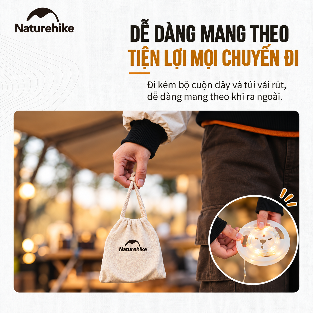 Đèn Dây Cắm Trại Naturehike 10M – 100 LED, 8 Chế Độ Sáng, Pin AAA, Chống Nước IP44 CNH22DQ019