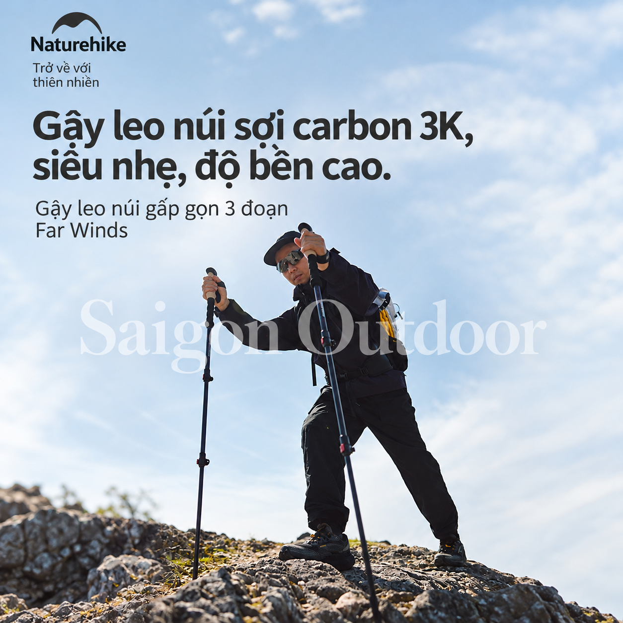 Gậy Trekking Naturehike 3 Khúc Carbon 3K – Siêu Nhẹ 193g, Điều Chỉnh Linh Hoạt NH20DS003