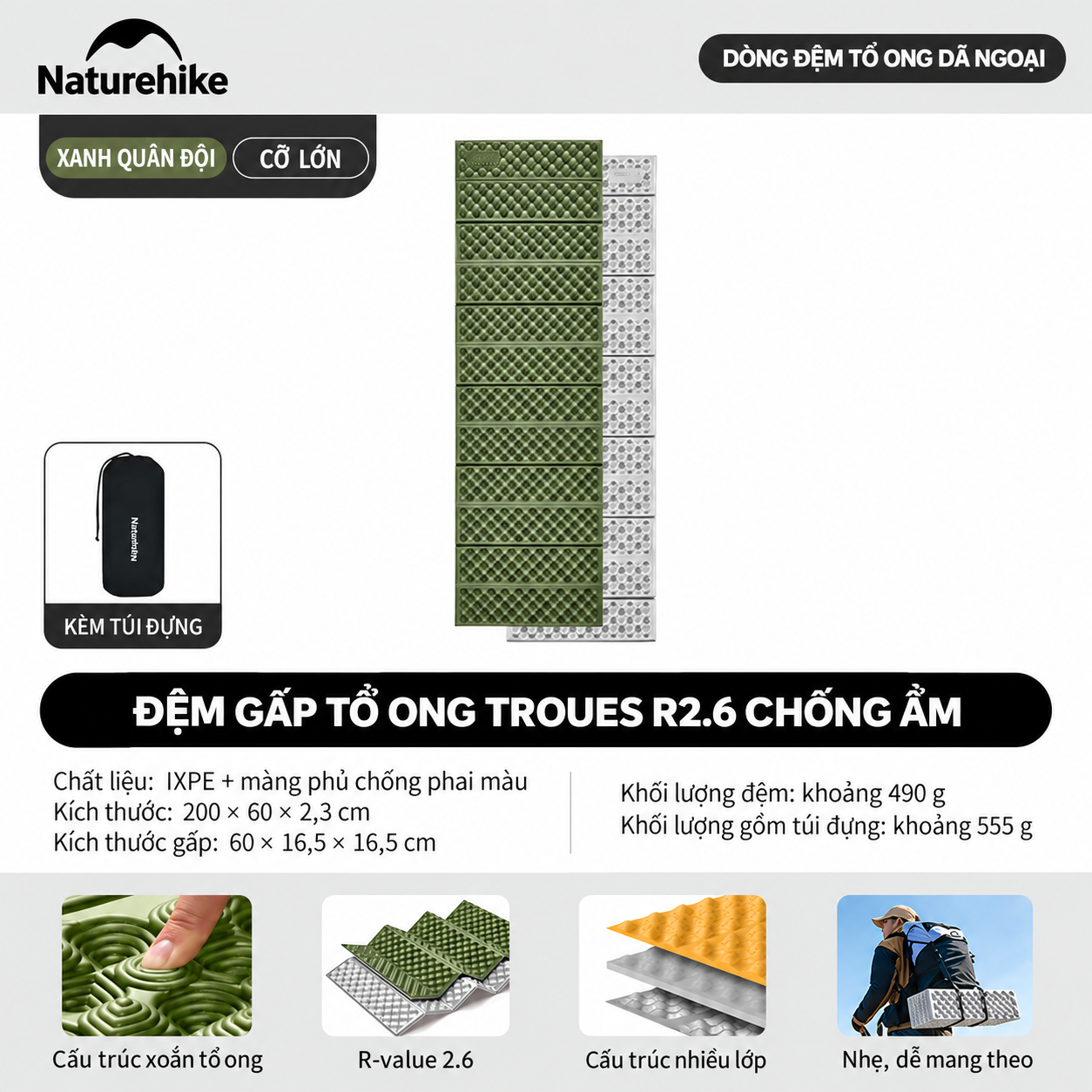 Đệm Tổ Ong Naturehike IXPE Phủ Nhôm – Cách Nhiệt, Gấp Gọn, Siêu Nhẹ CNK2650WS010
