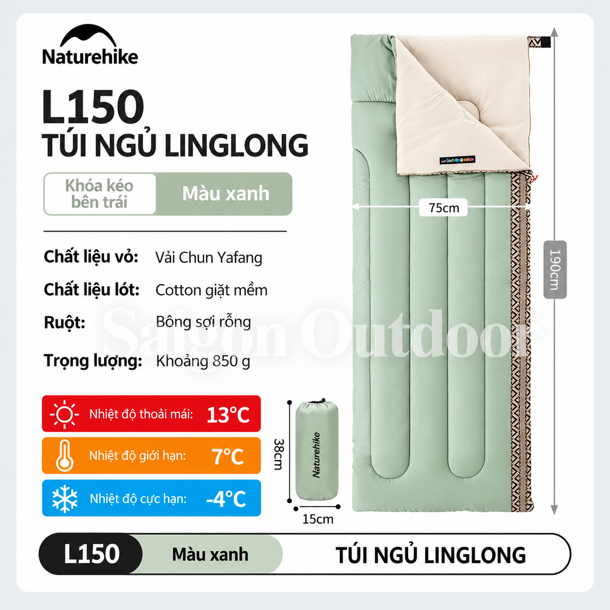 Túi Ngủ Dã Ngoại Naturehike L150 – Siêu Nhẹ, Chần Bông Êm Ái, Ấm Áp, Gấp Gọn NH20MSD05