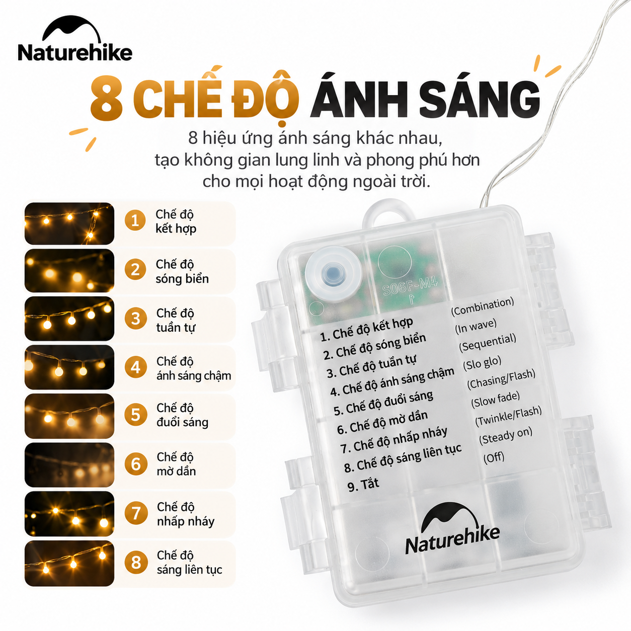 Dây Đèn Trang Trí Naturehike 10M – 80 Bóng LED, 9 Chế Độ Ánh Sáng, Đèn Camping CNH22DQ028