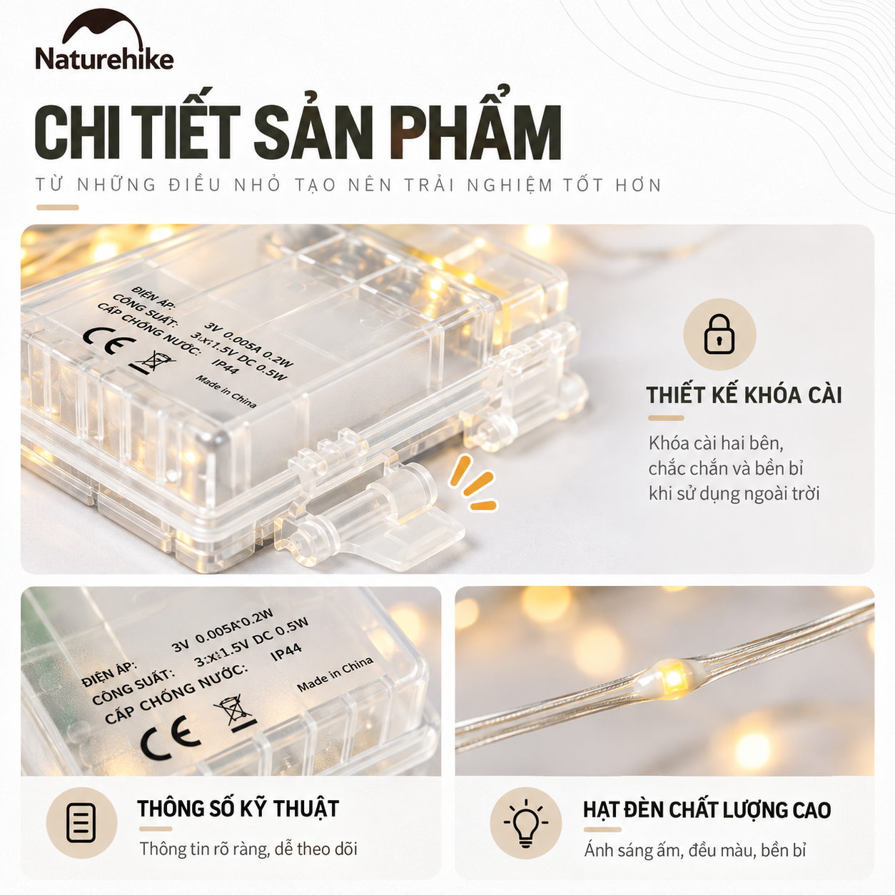 Đèn Dây Cắm Trại Naturehike 10M – 100 LED, 8 Chế Độ Sáng, Pin AAA, Chống Nước IP44 CNH22DQ019