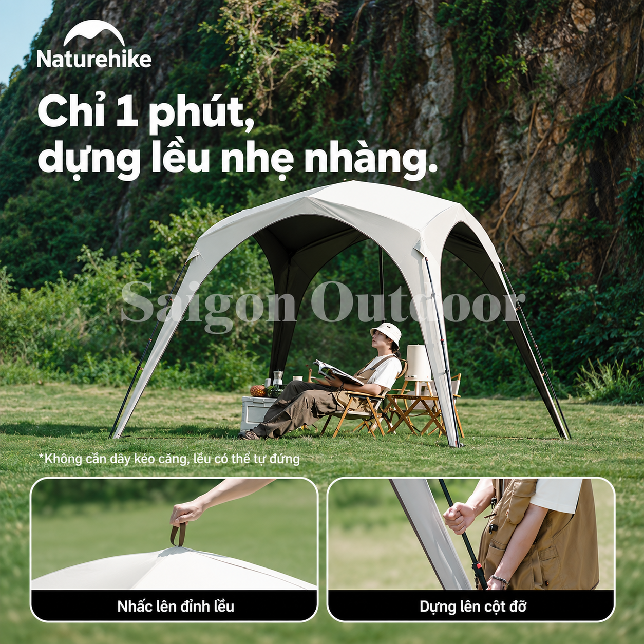 Lều Mái Vòm Tứ Giác Camping Naturehike Ti BLACK® 3×3m – Chống Nắng, Chống Thấm, Cao 2,2m CNK230WS014