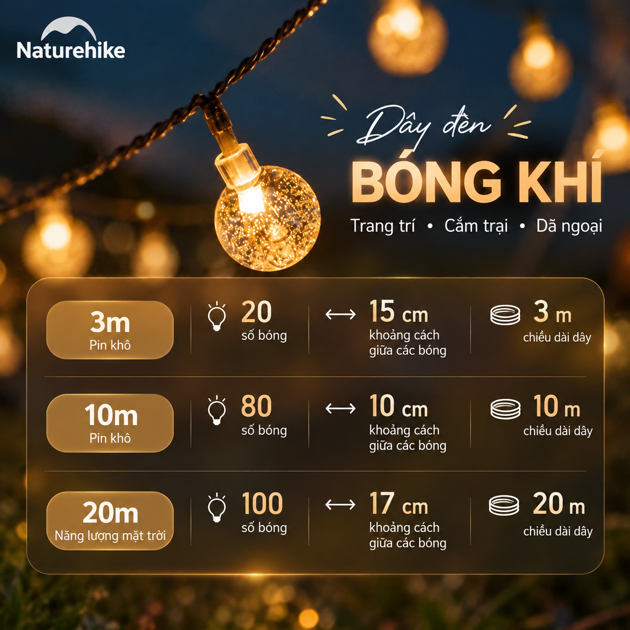 Dây Đèn Trang Trí Naturehike 10M – 80 Bóng LED, 9 Chế Độ Ánh Sáng, Đèn Camping CNH22DQ028