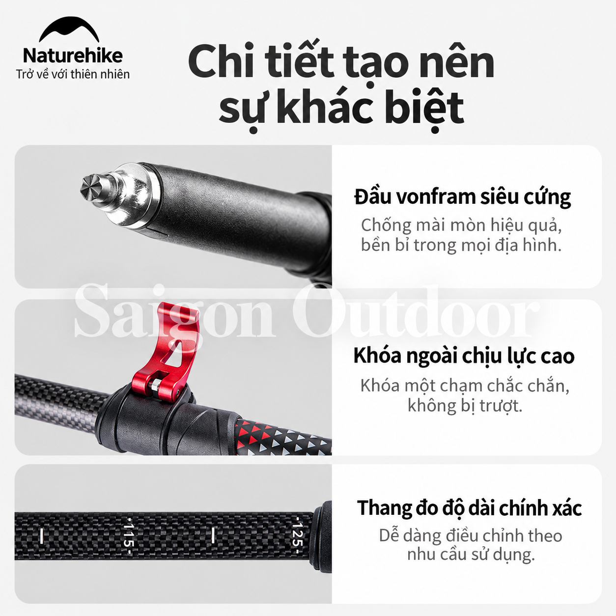 Gậy Trekking Naturehike 3 Khúc Carbon 3K – Siêu Nhẹ 193g, Điều Chỉnh Linh Hoạt NH20DS003