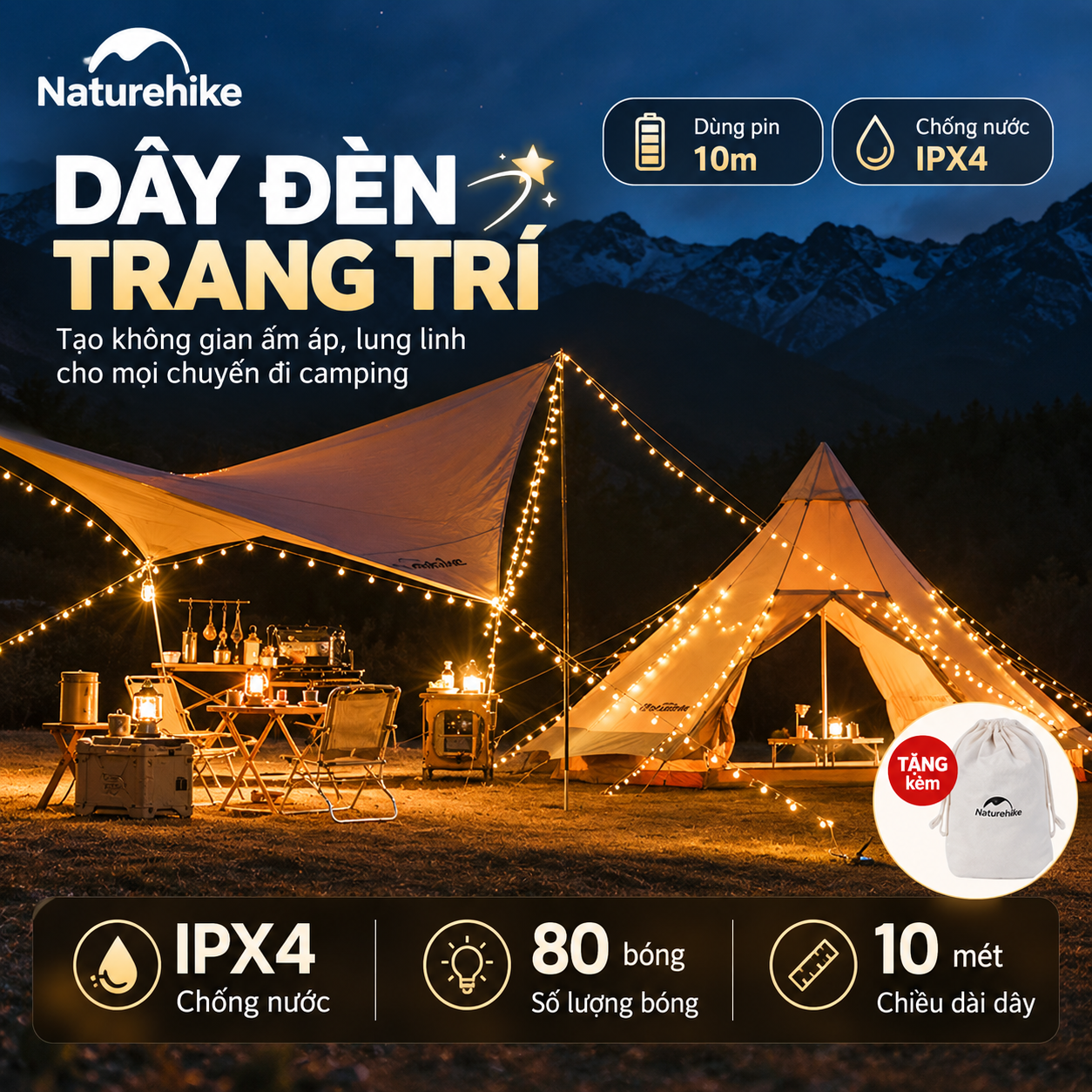 Dây Đèn Trang Trí Naturehike 10M – 80 Bóng LED, 9 Chế Độ Ánh Sáng, Đèn Camping CNH22DQ028