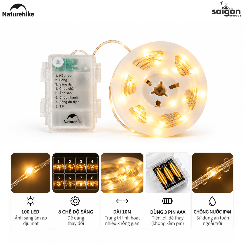 Đèn Dây Cắm Trại Naturehike 10M – 100 LED, 8 Chế Độ Sáng, Pin AAA, Chống Nước IP44 CNH22DQ019