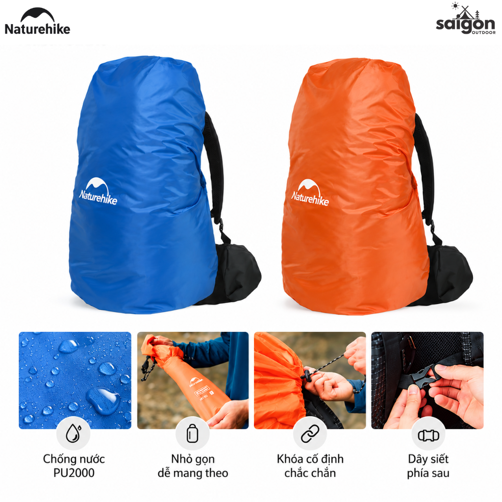 Áo Mưa Bọc Balo Naturehike PU2000 – Chống Nước, Gấp Gọn, Dành Cho Balo 20–75L NH15Y001-Z