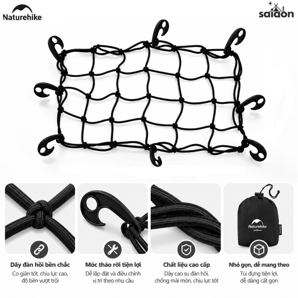 Lưới Cố Định Gắn Xe Kéo Naturehike - Lưới Chằng Hành Lý Dã Ngoại, 8 Móc Cố Định NH22PJ001
