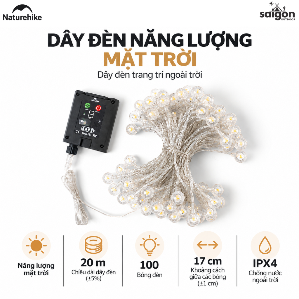 Dây Đèn LED Năng Lượng Mặt Trời Naturehike 20m – 100 Bóng, IPX4, 8 Chế Độ, Điều Khiển Remote CNH22DQ027