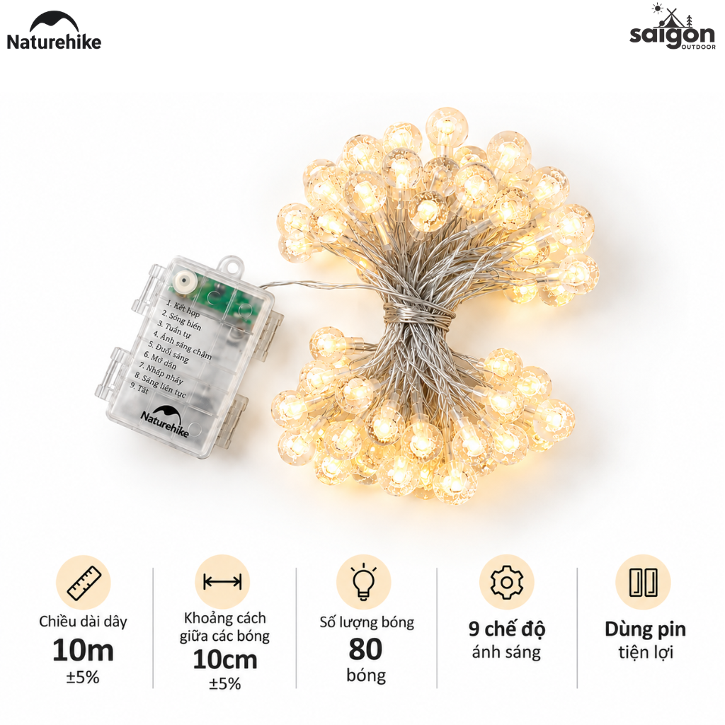 Dây Đèn Trang Trí Naturehike 10M – 80 Bóng LED, 9 Chế Độ Ánh Sáng, Đèn Camping CNH22DQ028