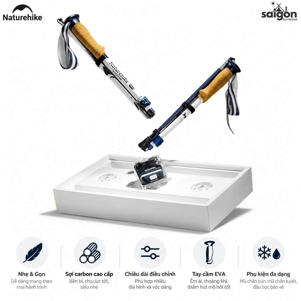 Bộ Gậy Trekking Carbon Naturehike Kỷ Niệm 15 Năm – 2 Gậy Leo Núi 120–135cm Kèm Đèn Đội Đầu CNK2550HY010