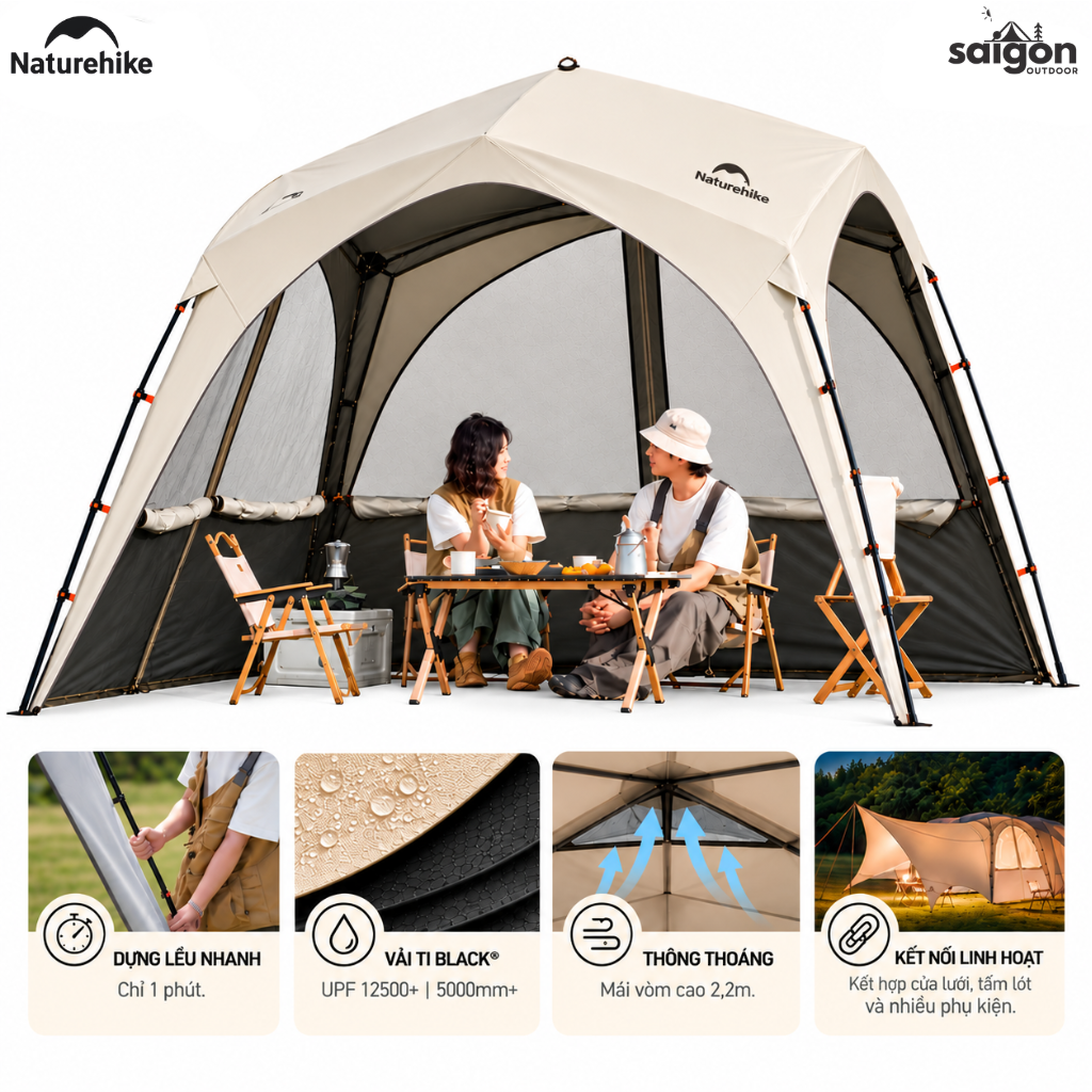 Lều Mái Vòm Tứ Giác Camping Naturehike Ti BLACK® 3×3m – Chống Nắng, Chống Thấm, Cao 2,2m CNK230WS014