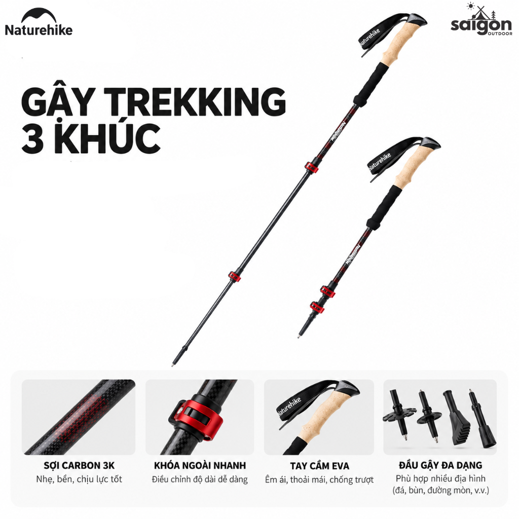 Gậy Trekking Naturehike 3 Khúc Carbon 3K – Siêu Nhẹ 193g, Điều Chỉnh Linh Hoạt NH20DS003