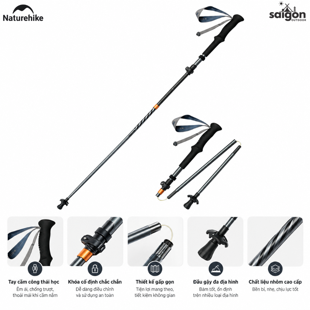 Gậy Trekking Naturehike Gale Trek – Gấp Gọn, Tay Cầm Công Thái Học, Hỗ Trợ Leo Núi & Hiking CNK2450DS013