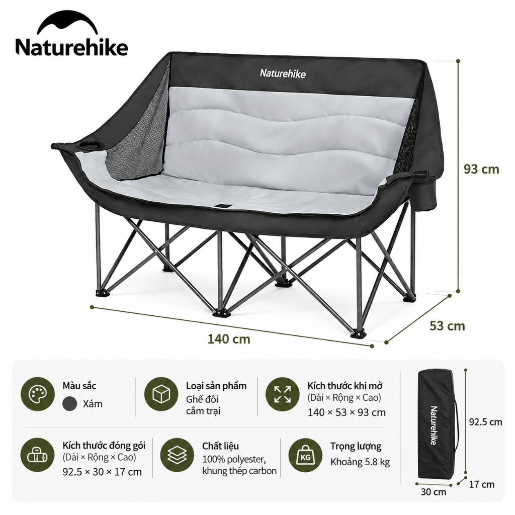 Ghế Đôi Naturehike ComfortMax Star T02 – Ghế Camping 2 Người, Đệm Êm Ái, Khung Thép Chắc Chắn CNK2650JJ016