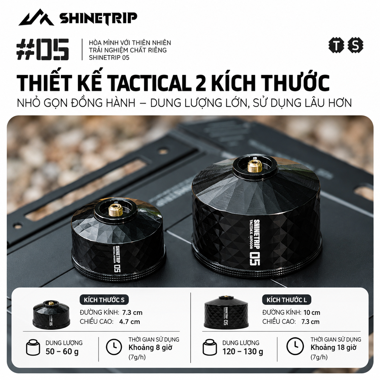 Đèn Gas Dã Ngoại ShineTrip #05 – Đèn Camping Tactical Ánh Lửa Ấm, 2 Kích Thước