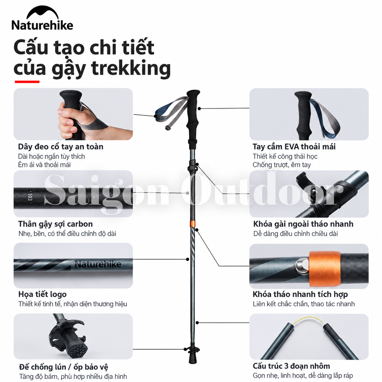 Gậy Trekking Naturehike Gale Trek – Gấp Gọn, Tay Cầm Công Thái Học, Hỗ Trợ Leo Núi & Hiking CNK2450DS013