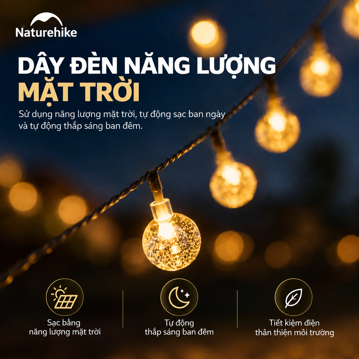 Dây Đèn LED Năng Lượng Mặt Trời Naturehike 20m – 100 Bóng, IPX4, 8 Chế Độ, Điều Khiển Remote CNH22DQ027