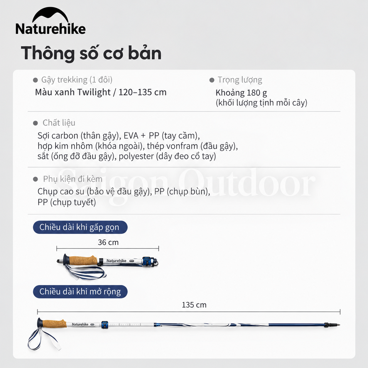 Bộ Gậy Trekking Carbon Naturehike Kỷ Niệm 15 Năm – 2 Gậy Leo Núi 120–135cm Kèm Đèn Đội Đầu CNK2550HY010