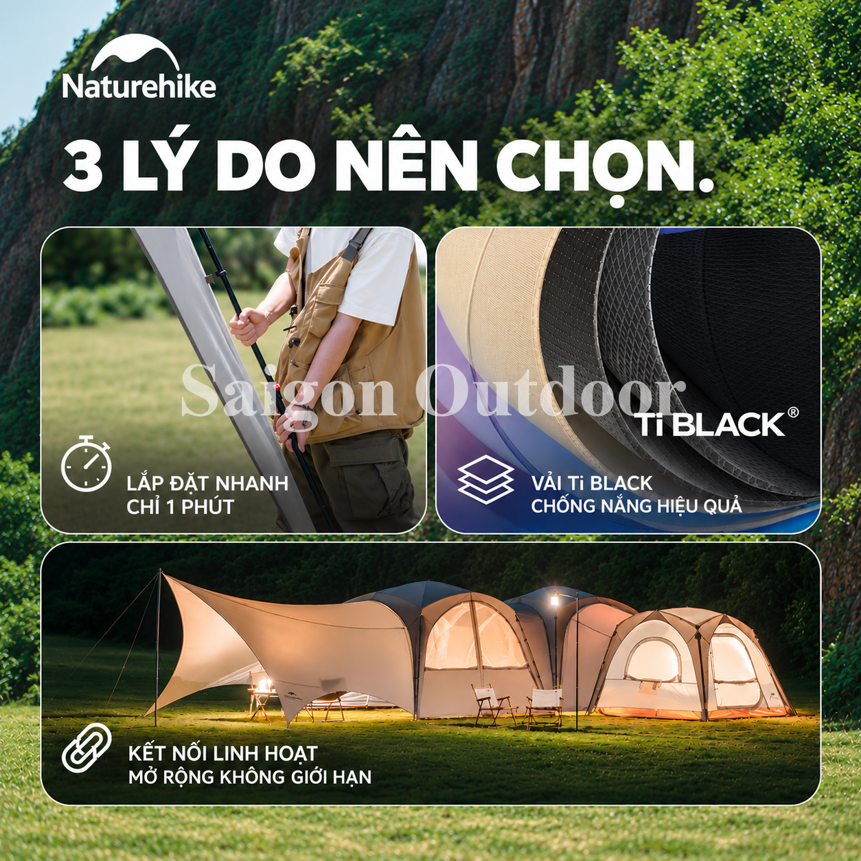 Lều Mái Vòm Tứ Giác Camping Naturehike Ti BLACK® 3×3m – Chống Nắng, Chống Thấm, Cao 2,2m CNK230WS014