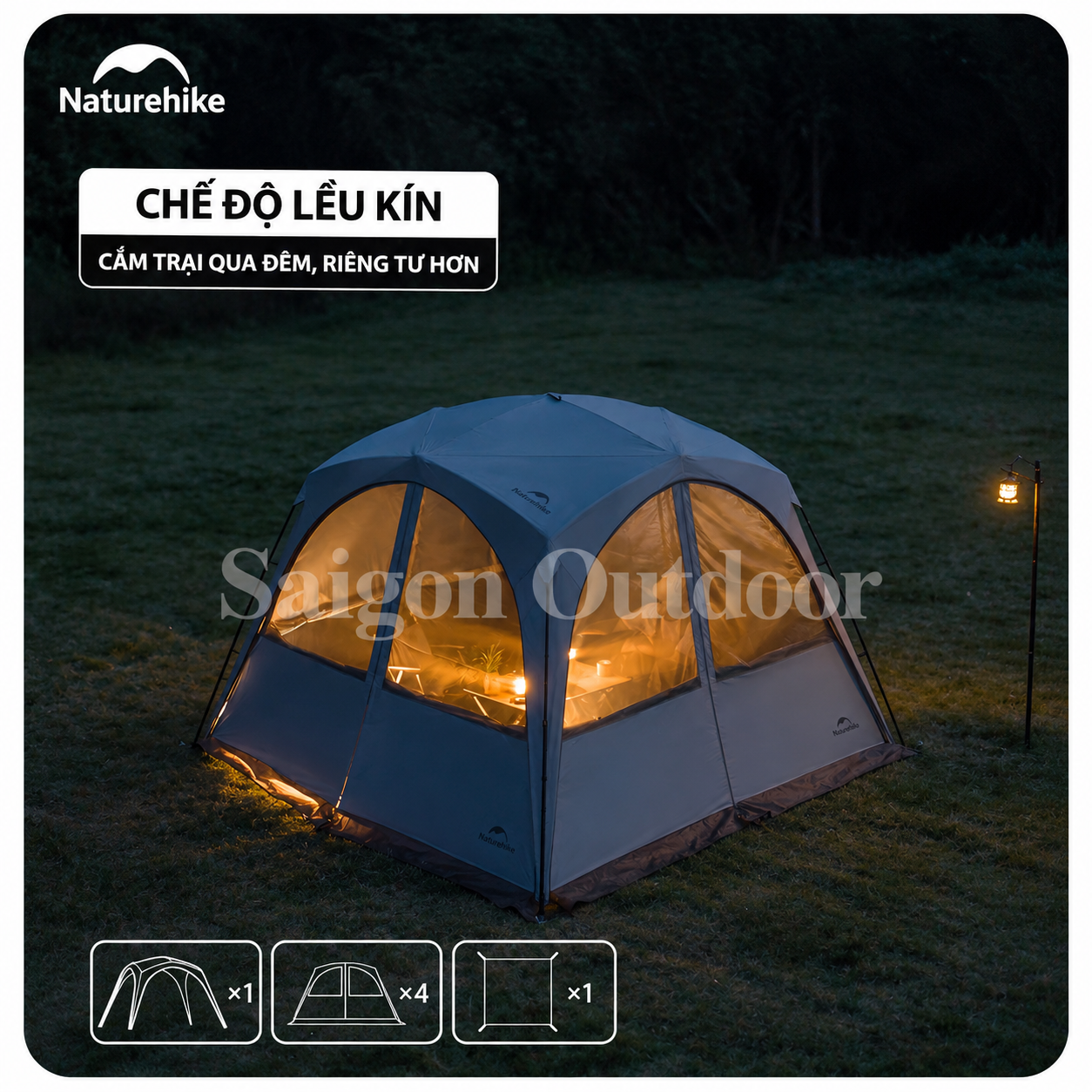 Lều Mái Vòm Tứ Giác Camping Naturehike Ti BLACK® 3×3m – Chống Nắng, Chống Thấm, Cao 2,2m CNK230WS014