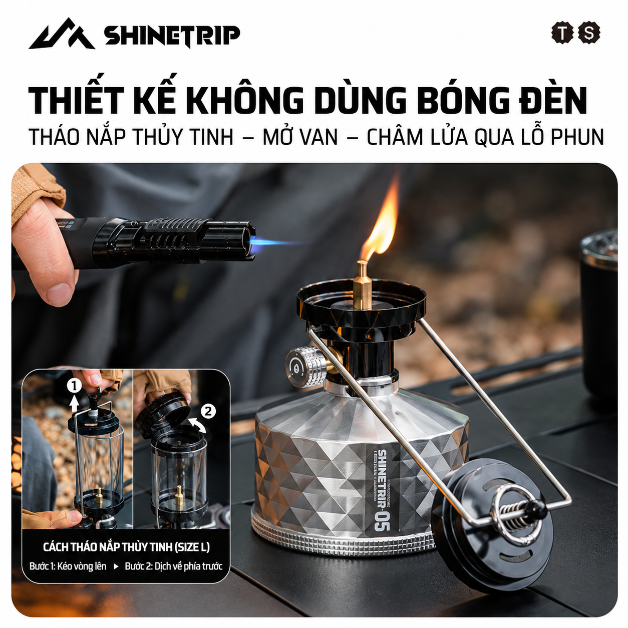 Đèn Gas Dã Ngoại ShineTrip #05 – Đèn Camping Tactical Ánh Lửa Ấm, 2 Kích Thước