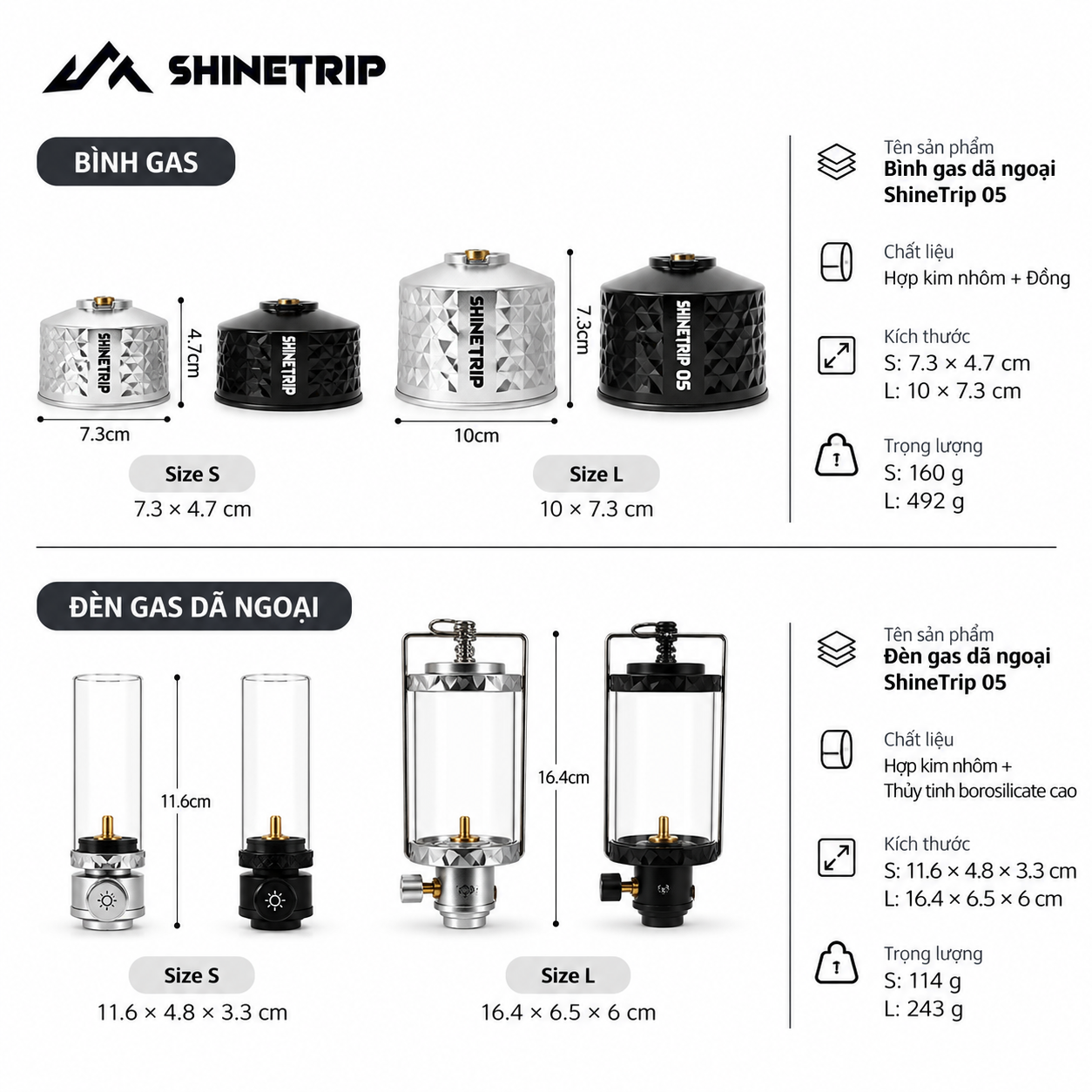 Đèn Gas Dã Ngoại ShineTrip #05 – Đèn Camping Tactical Ánh Lửa Ấm, 2 Kích Thước
