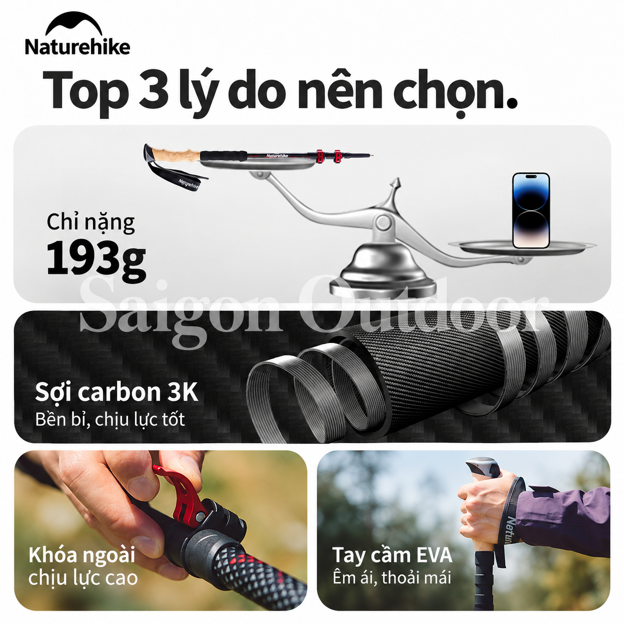 Gậy Trekking Naturehike 3 Khúc Carbon 3K – Siêu Nhẹ 193g, Điều Chỉnh Linh Hoạt NH20DS003