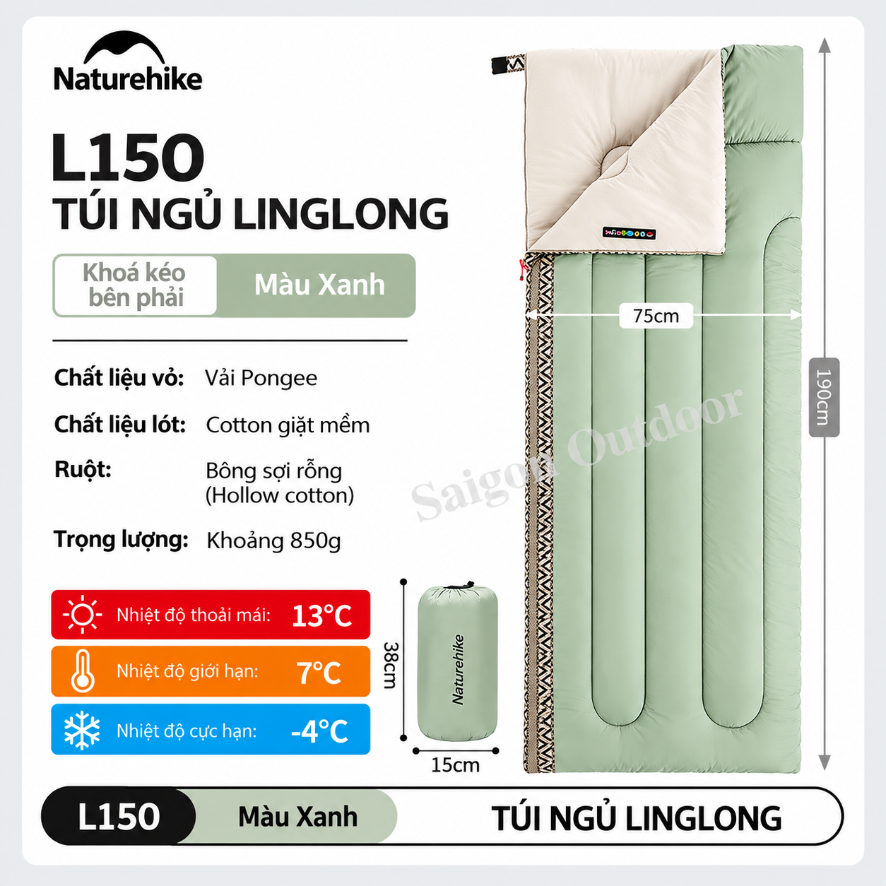 Túi Ngủ Dã Ngoại Naturehike L150 – Siêu Nhẹ, Chần Bông Êm Ái, Ấm Áp, Gấp Gọn NH20MSD05