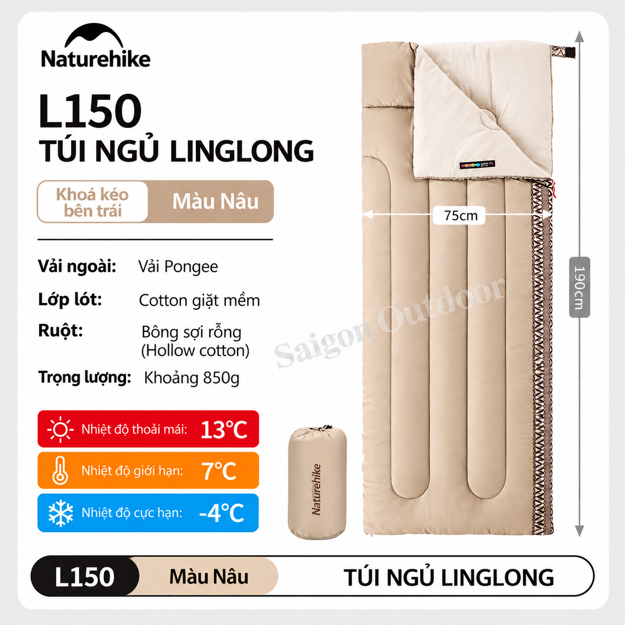 Túi Ngủ Dã Ngoại Naturehike L150 – Siêu Nhẹ, Chần Bông Êm Ái, Ấm Áp, Gấp Gọn NH20MSD05