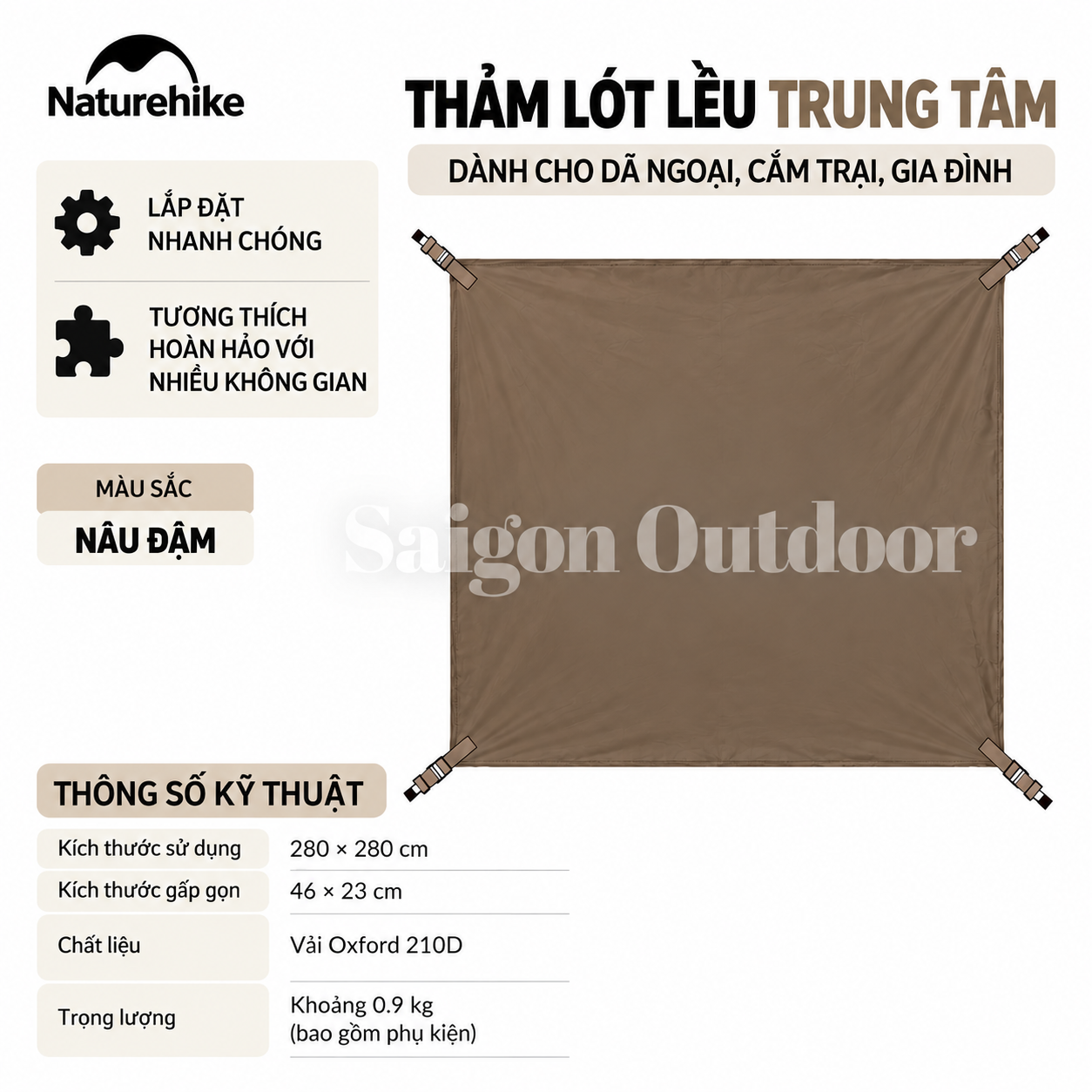 Lều Mái Vòm Tứ Giác Camping Naturehike Ti BLACK® 3×3m – Chống Nắng, Chống Thấm, Cao 2,2m CNK230WS014