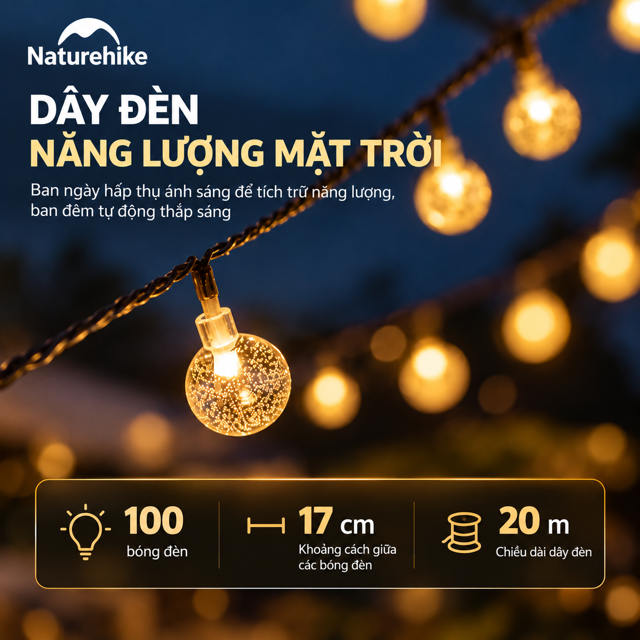 Dây Đèn LED Năng Lượng Mặt Trời Naturehike 20m – 100 Bóng, IPX4, 8 Chế Độ, Điều Khiển Remote CNH22DQ027