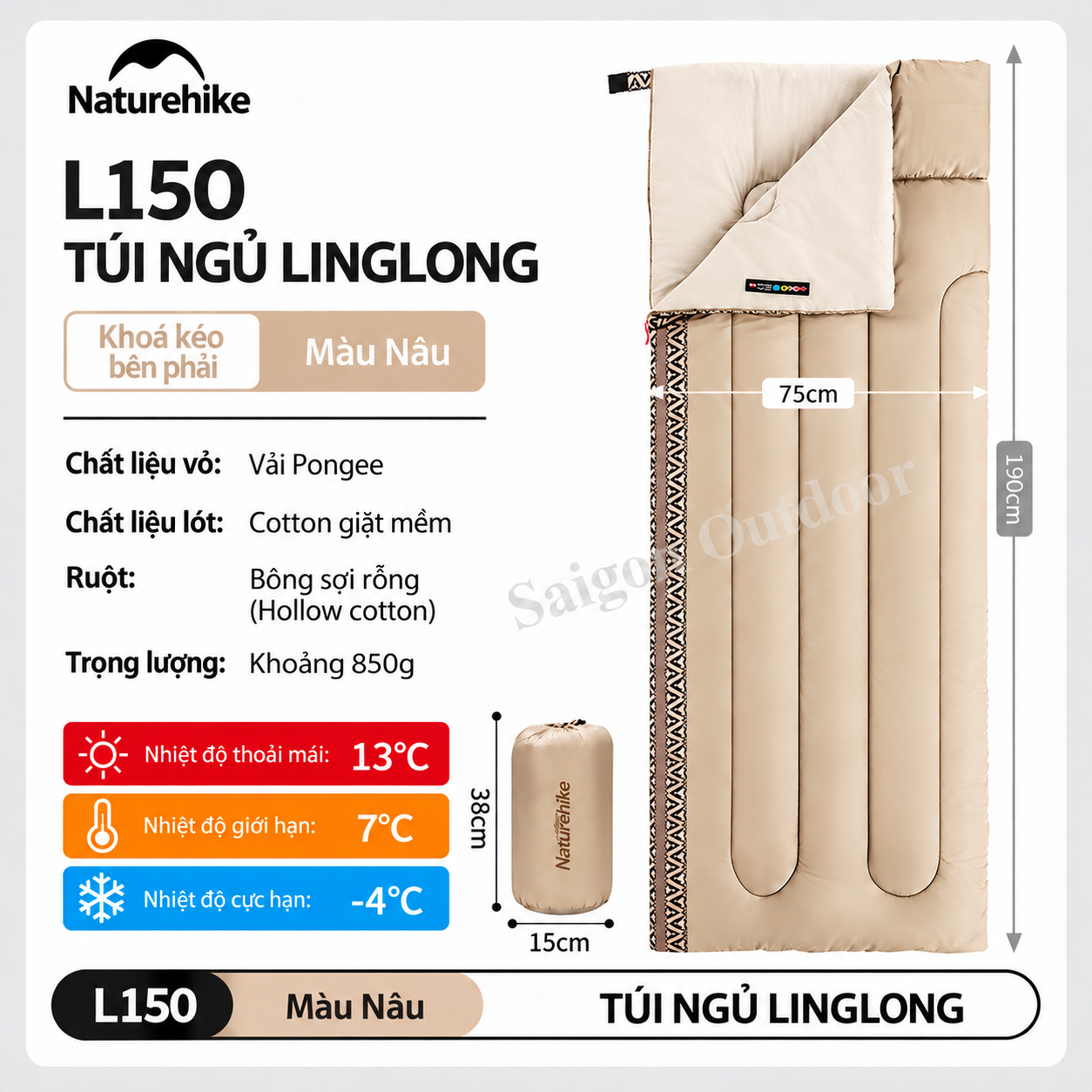 Túi Ngủ Dã Ngoại Naturehike L150 – Siêu Nhẹ, Chần Bông Êm Ái, Ấm Áp, Gấp Gọn NH20MSD05