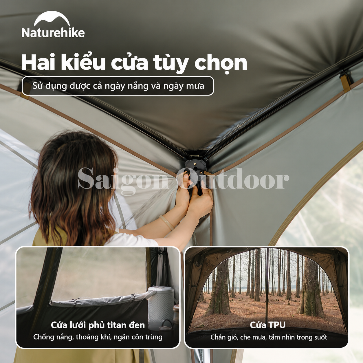 Lều Mái Vòm Tứ Giác Camping Naturehike Ti BLACK® 3×3m – Chống Nắng, Chống Thấm, Cao 2,2m CNK230WS014