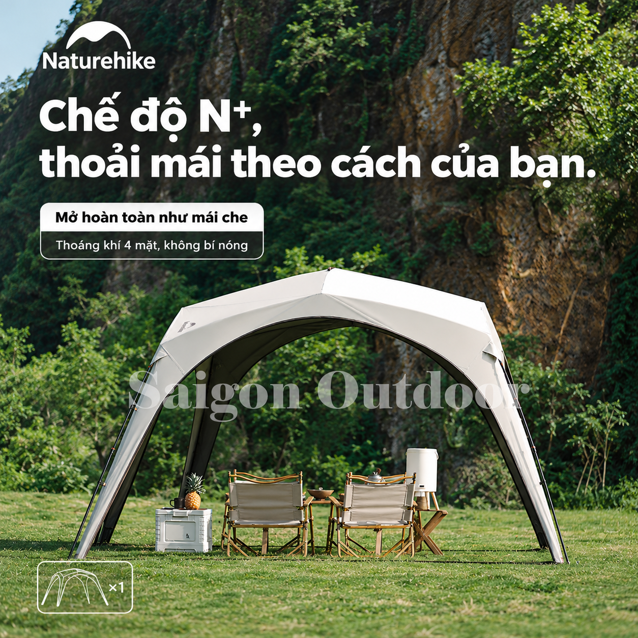 Lều Mái Vòm Tứ Giác Camping Naturehike Ti BLACK® 3×3m – Chống Nắng, Chống Thấm, Cao 2,2m CNK230WS014