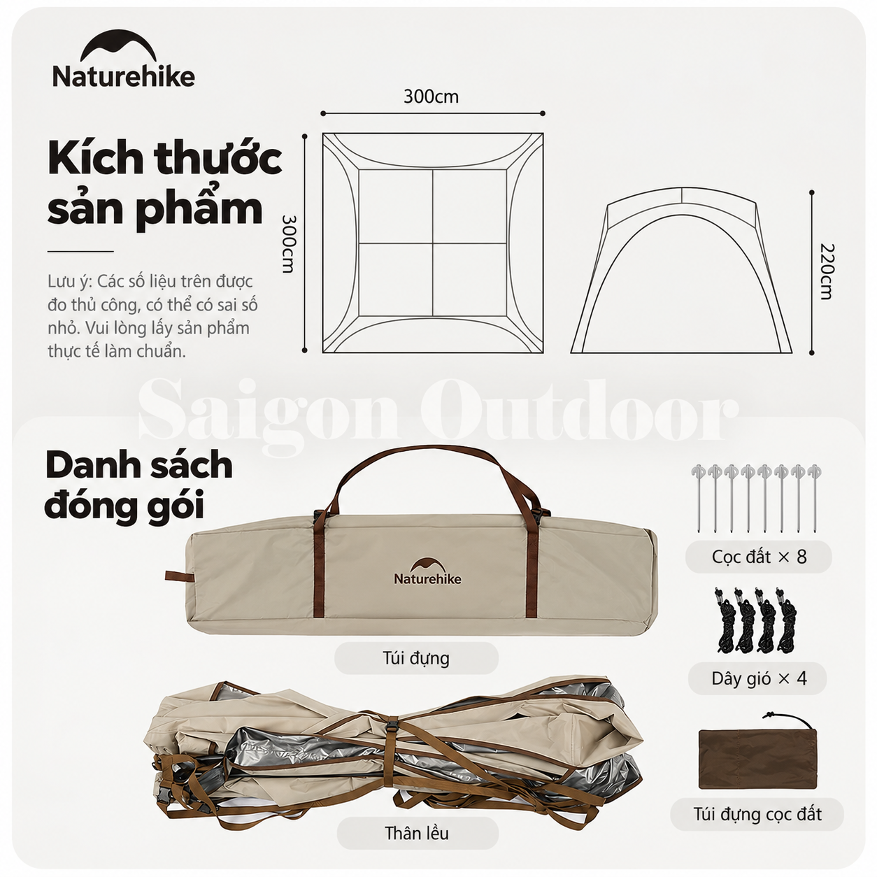 Lều Mái Vòm Tứ Giác Camping Naturehike Ti BLACK® 3×3m – Chống Nắng, Chống Thấm, Cao 2,2m CNK230WS014