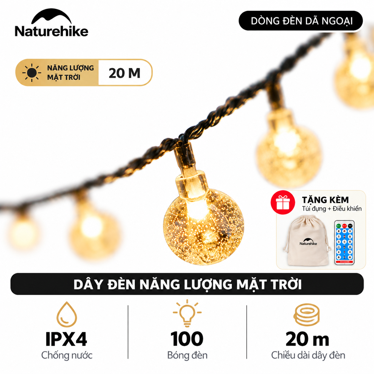 Dây Đèn LED Năng Lượng Mặt Trời Naturehike 20m – 100 Bóng, IPX4, 8 Chế Độ, Điều Khiển Remote CNH22DQ027