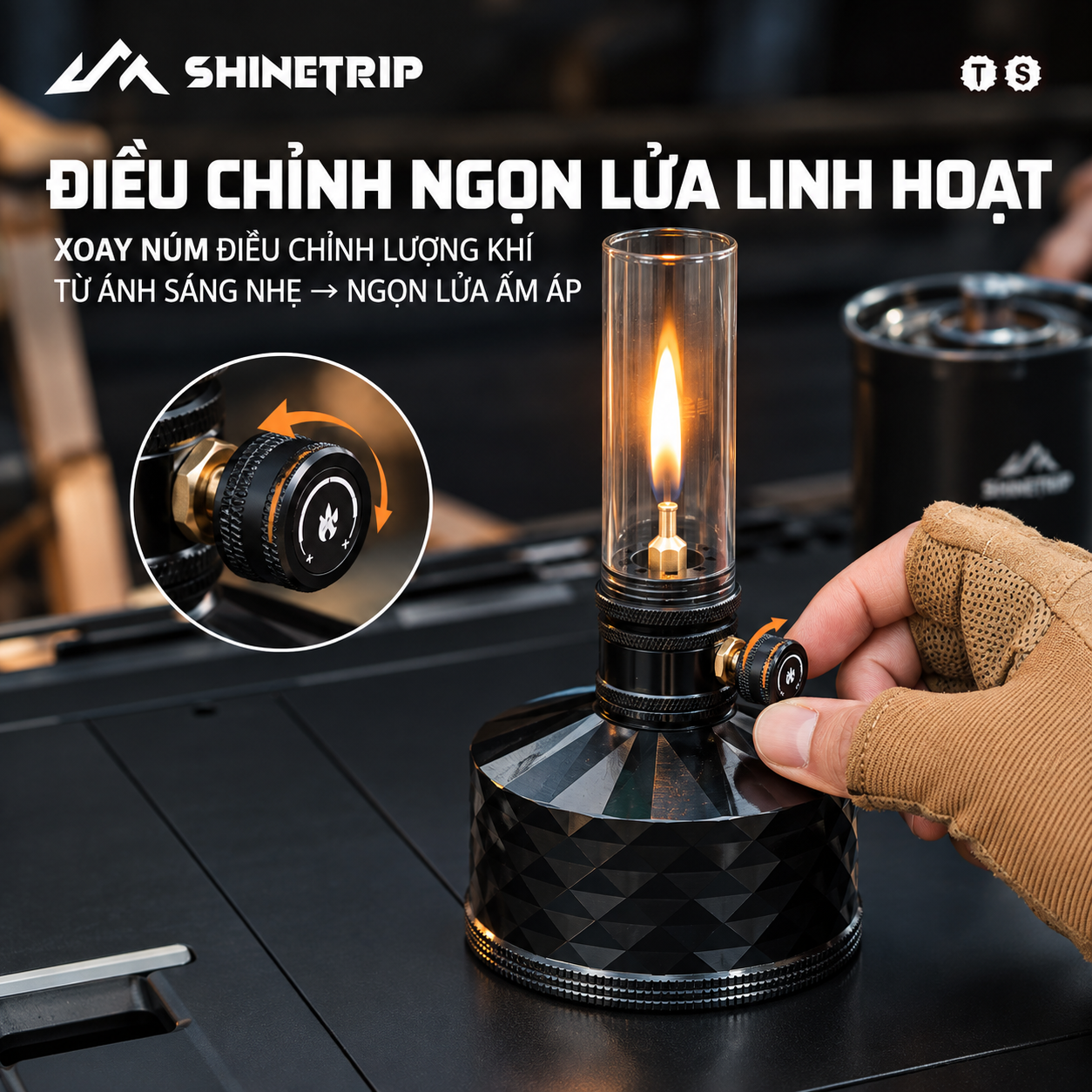 Đèn Gas Dã Ngoại ShineTrip #05 – Đèn Camping Tactical Ánh Lửa Ấm, 2 Kích Thước