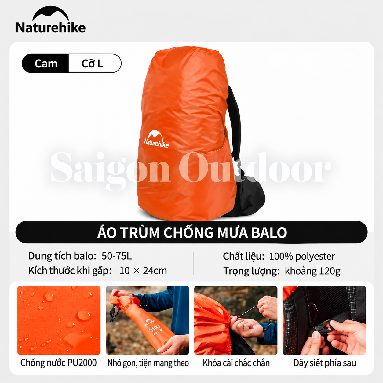 Áo Mưa Bọc Balo Naturehike PU2000 – Chống Nước, Gấp Gọn, Dành Cho Balo 20–75L NH15Y001-Z