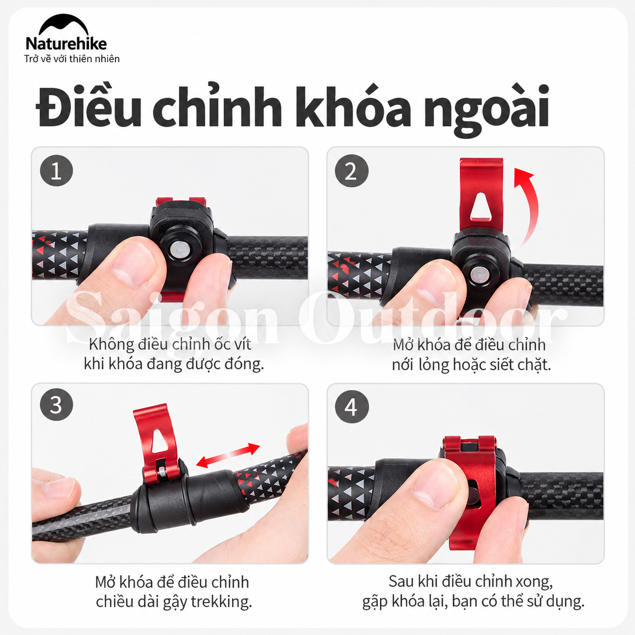 Gậy Trekking Naturehike 3 Khúc Carbon 3K – Siêu Nhẹ 193g, Điều Chỉnh Linh Hoạt NH20DS003